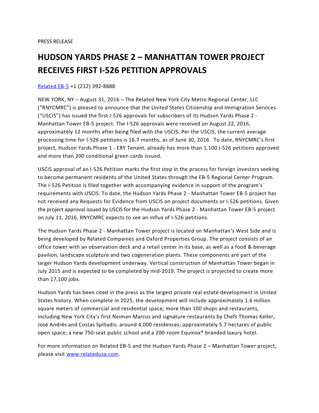 Hudson Yards Phase 2 Manhattan Tower Project Receives First I-526Petition Approvals