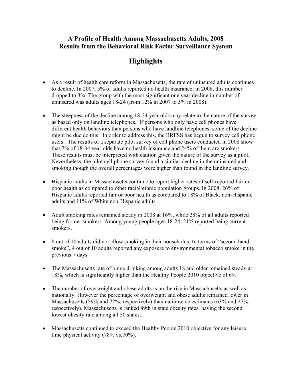 A Profile of Health Among Massachusetts Adults, 2008