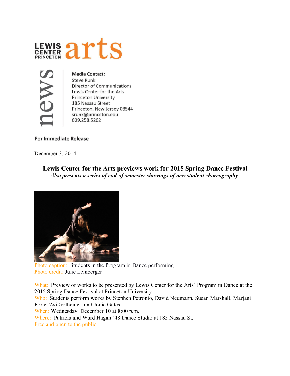 End-Of-Semester Dance Showcase - Press Release