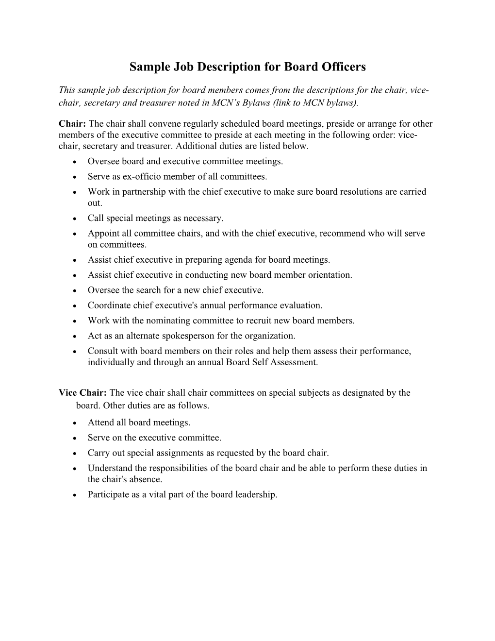 Sample Job Description for Board Officers