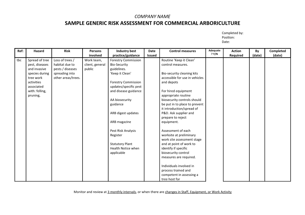 Sample Generic Risk Assessment for Commercial Arboriculture