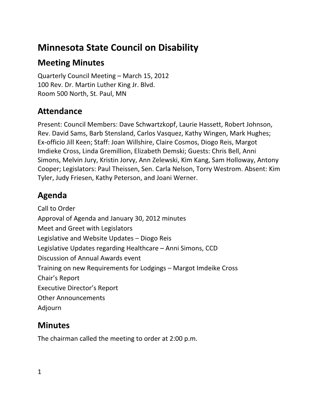 MSCOD Quarterly Council Meeting Minutes, 03/15/2012