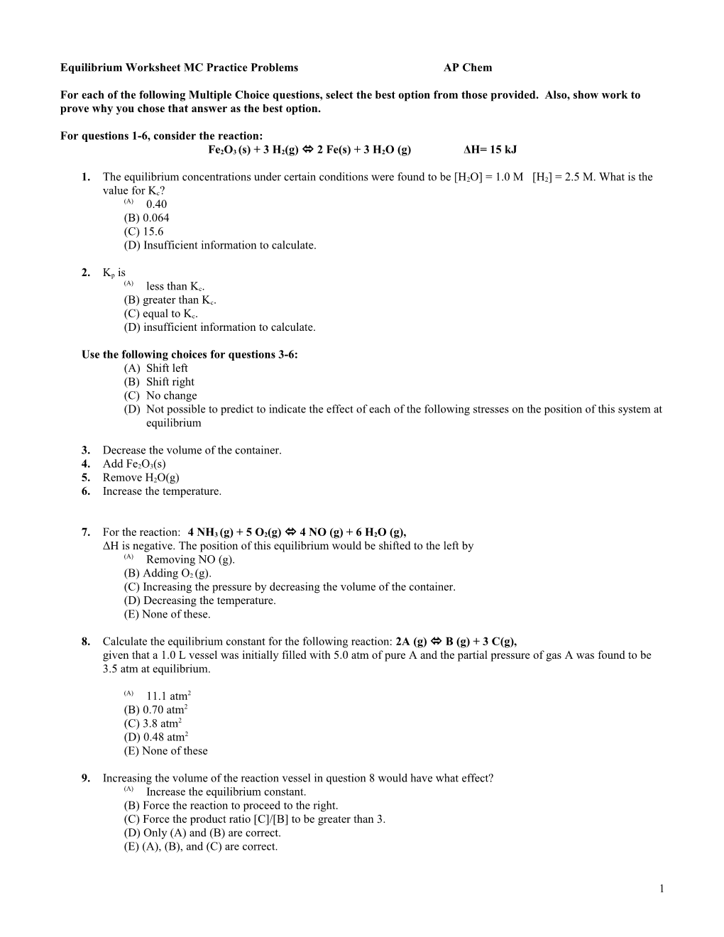 Equilibrium Worksheet MC Practice Problemsap Chem