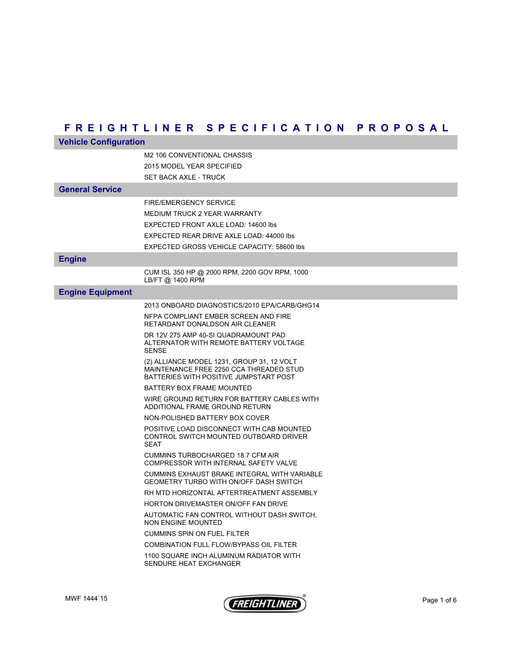 Freightliner Specification Proposal