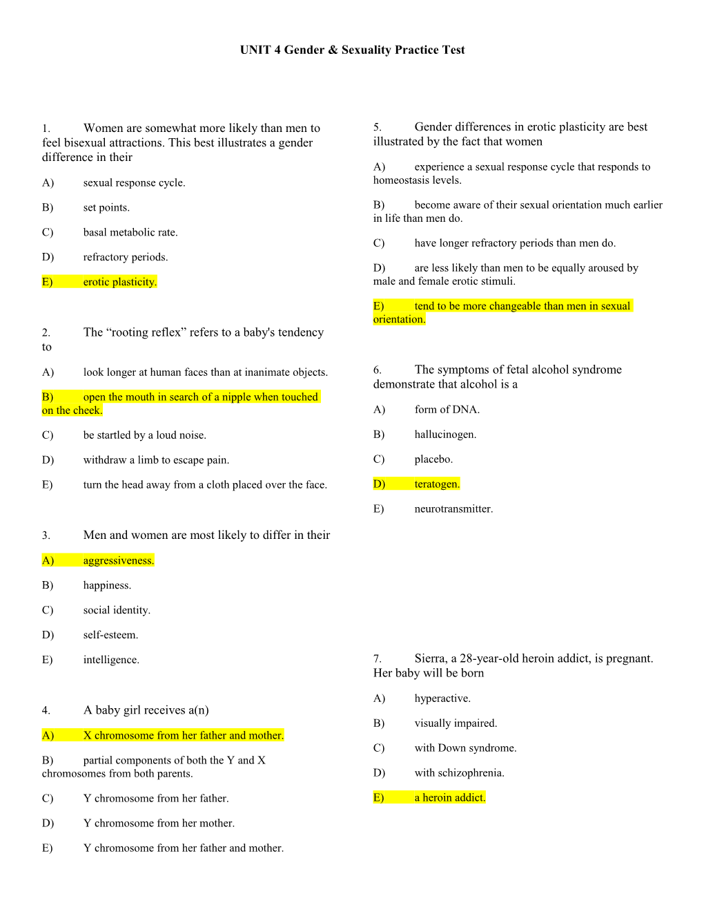 UNIT 4 Gender & Sexuality Practice Test