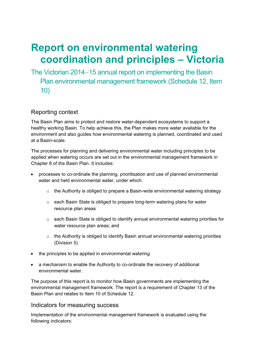 Report on Environmental Watering Coordination and Principles Victoria