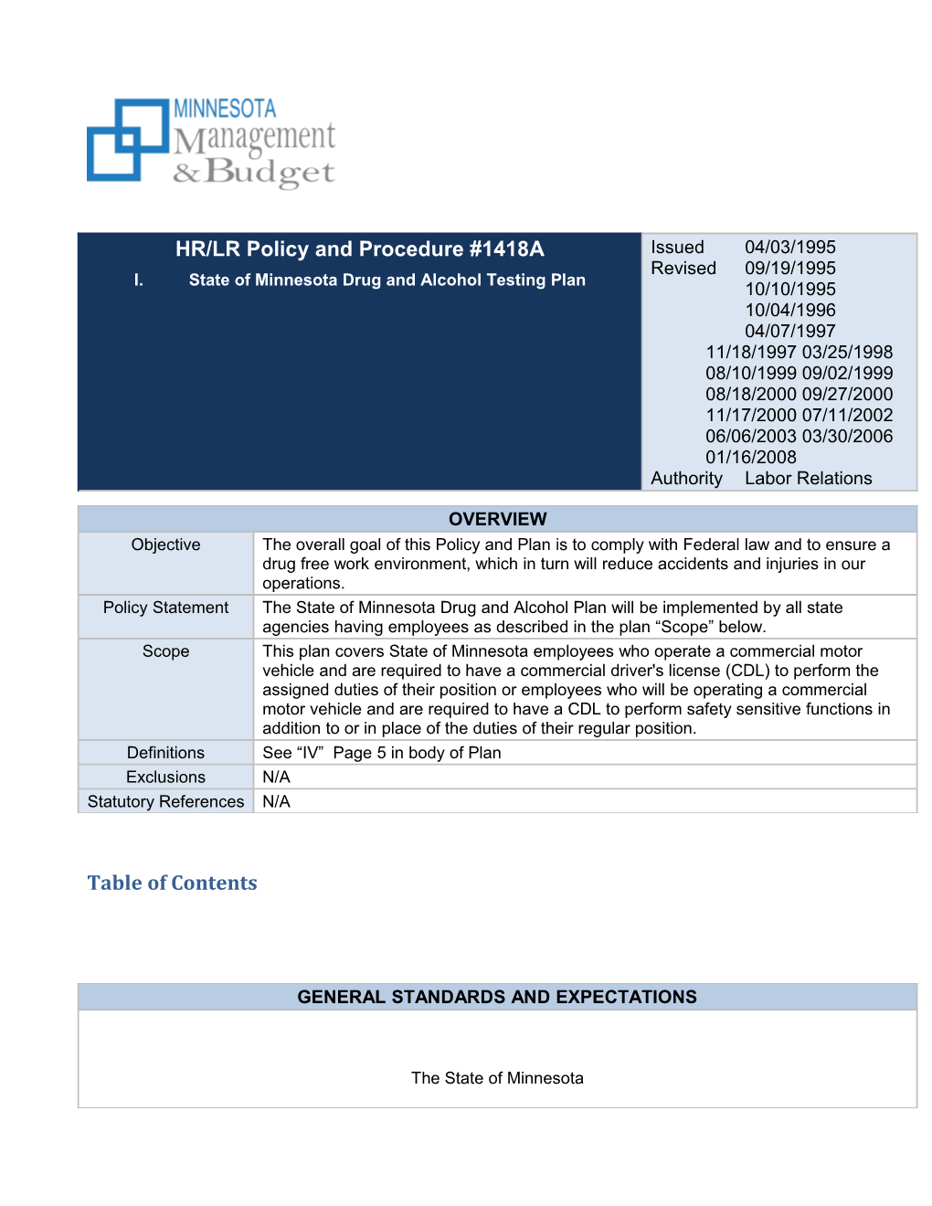 State of Minnesota Drug and Alcohol Testing Plan