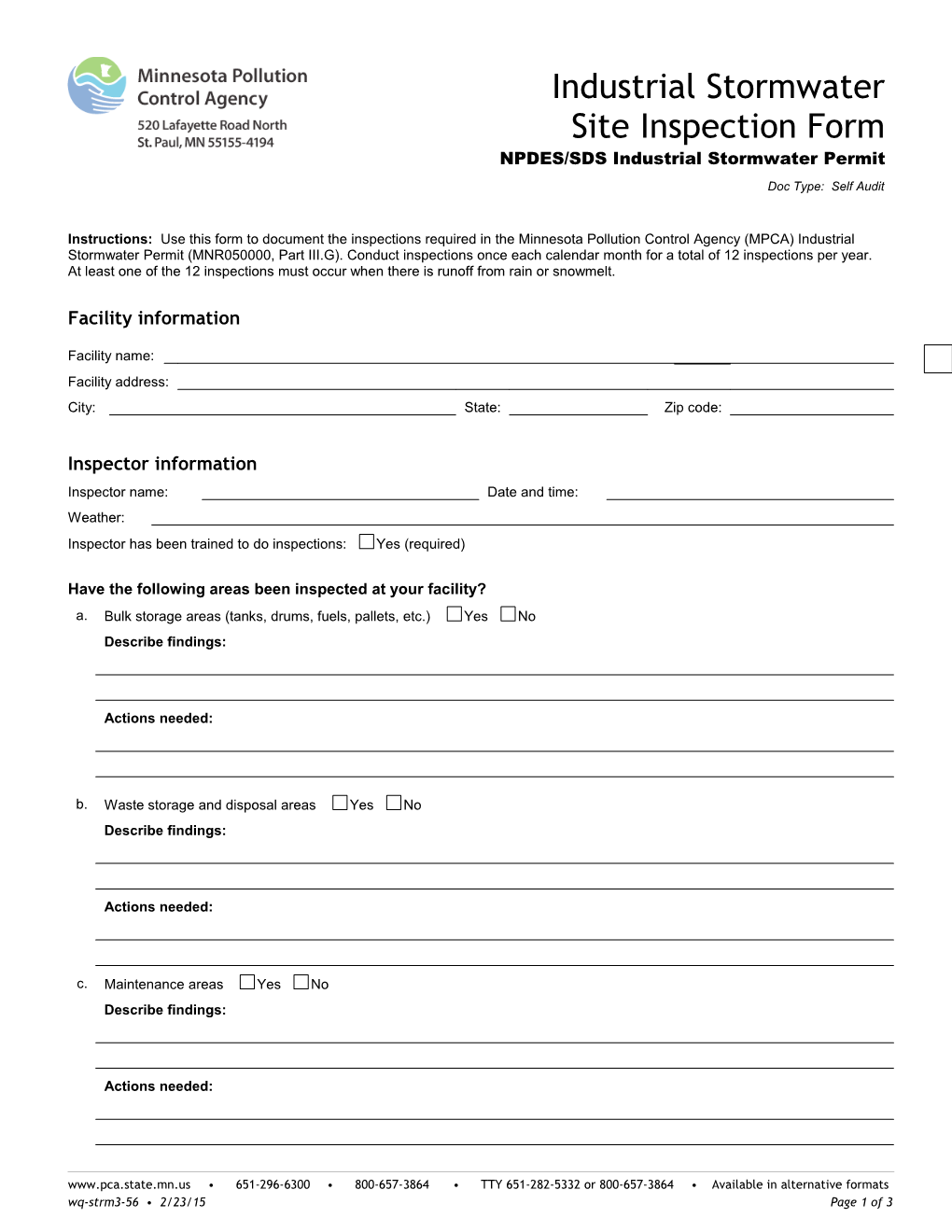 Industrial Stormwater Site Inspection Form - NPDES/SDS Industrial Stormwater Permit