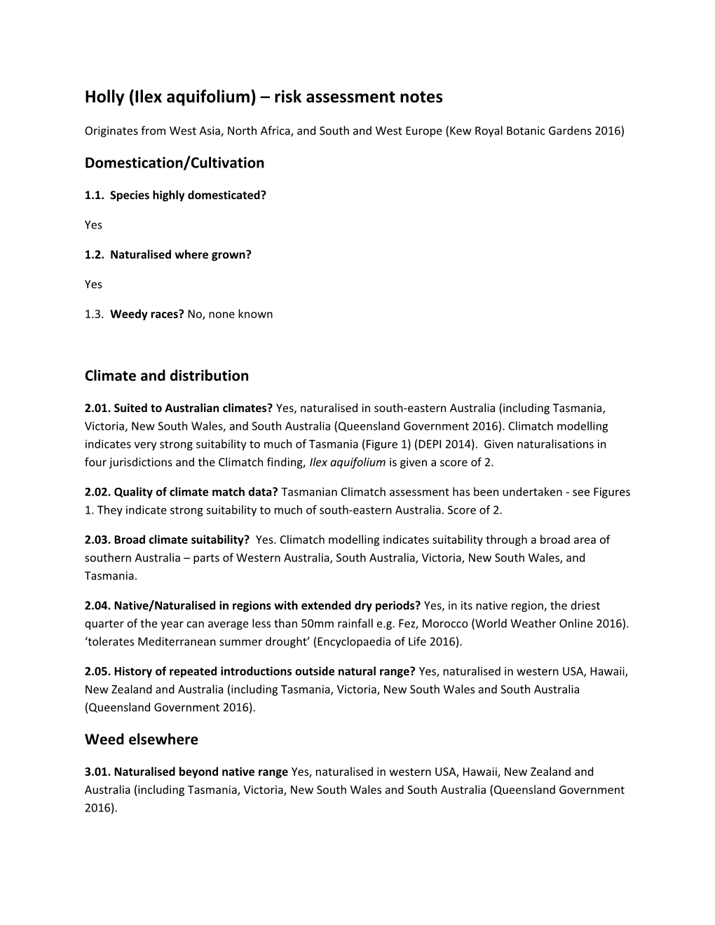 WRA Ilex Aquifolium Notes