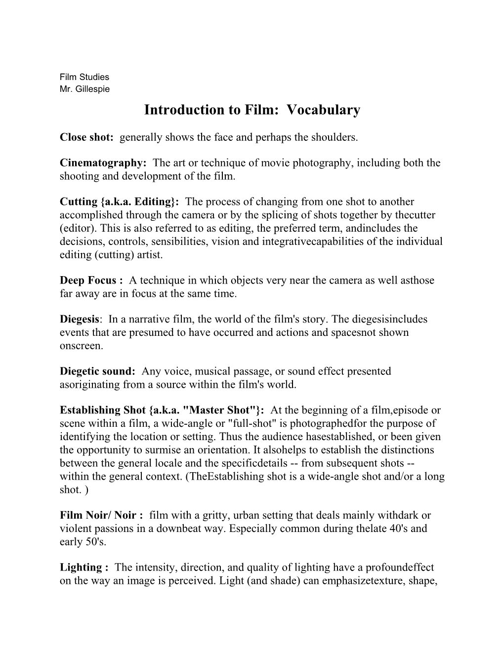 Introduction to Film: Vocabulary