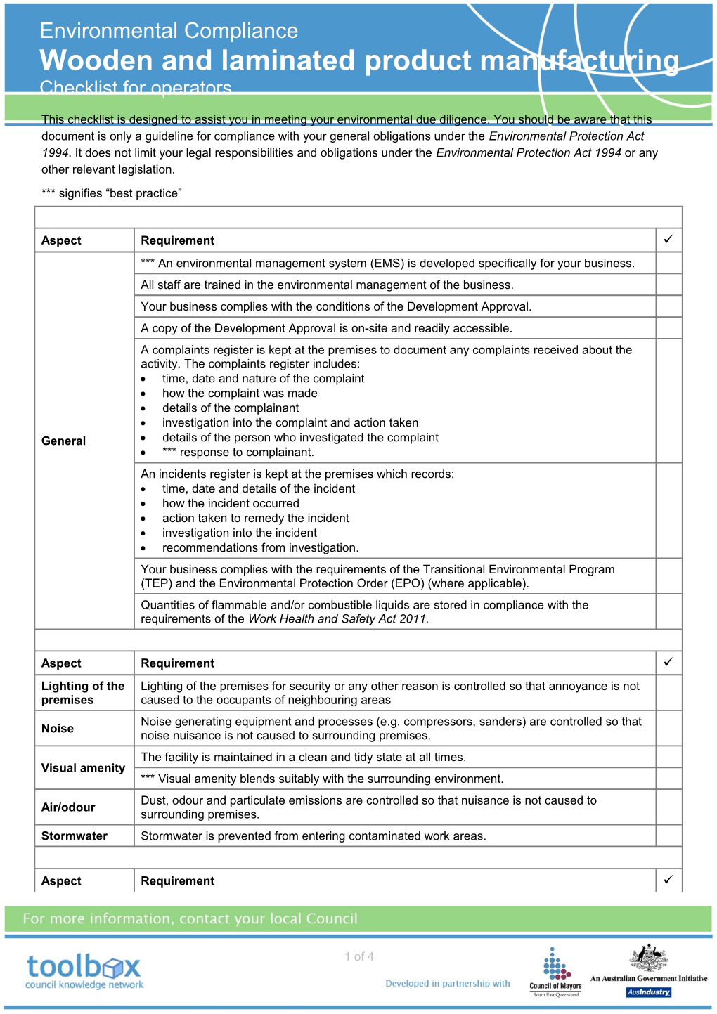 Operator Self Assessment Checklist - Wooden Product Manufacturing