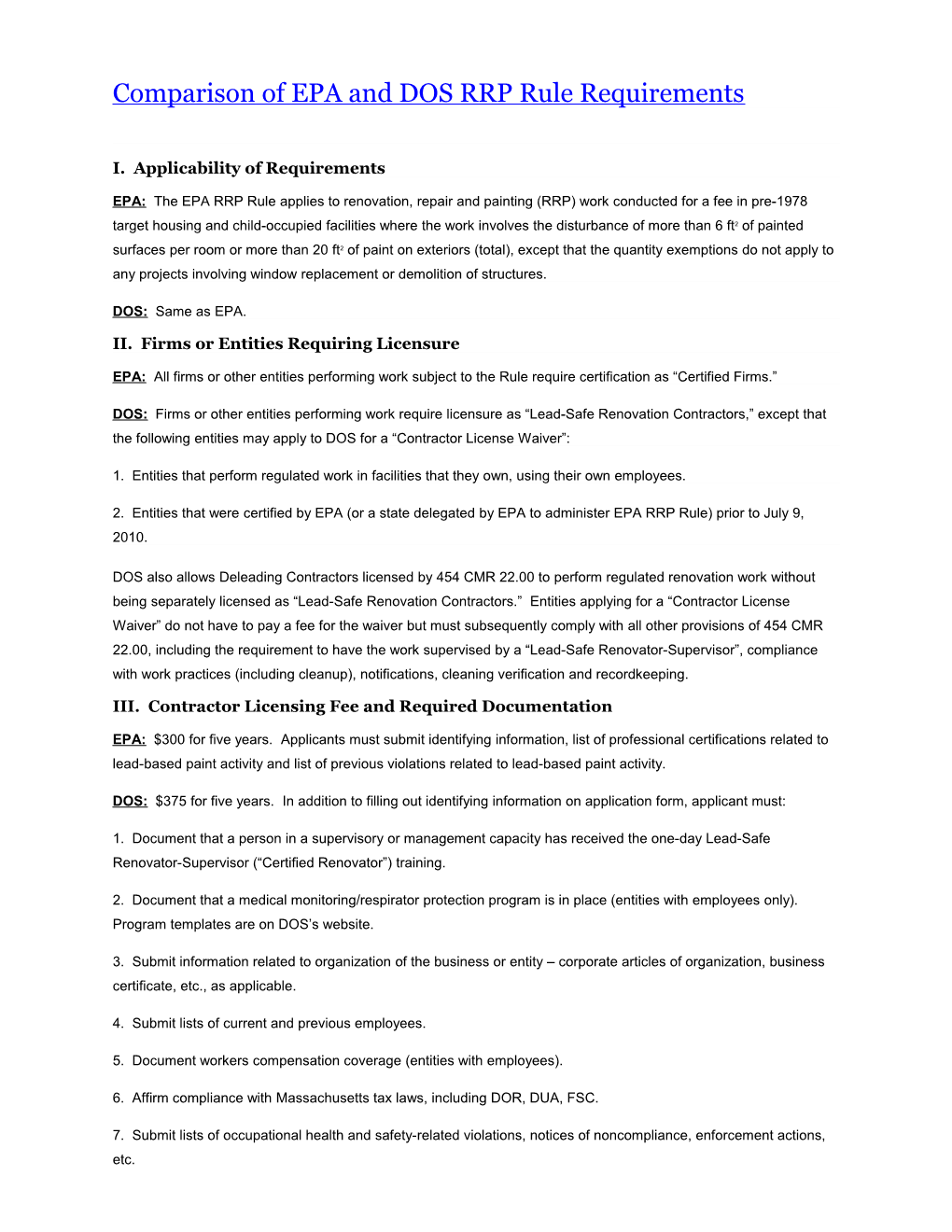 Comparison of EPA and DOS RRP Rule Requirements