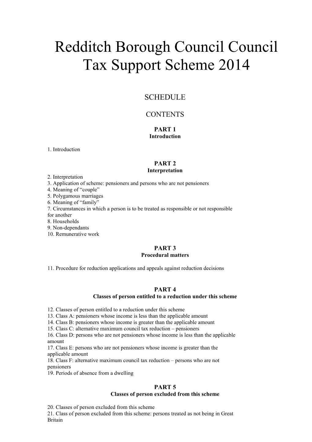 Redditch Borough Council Council Tax Support Scheme 2014