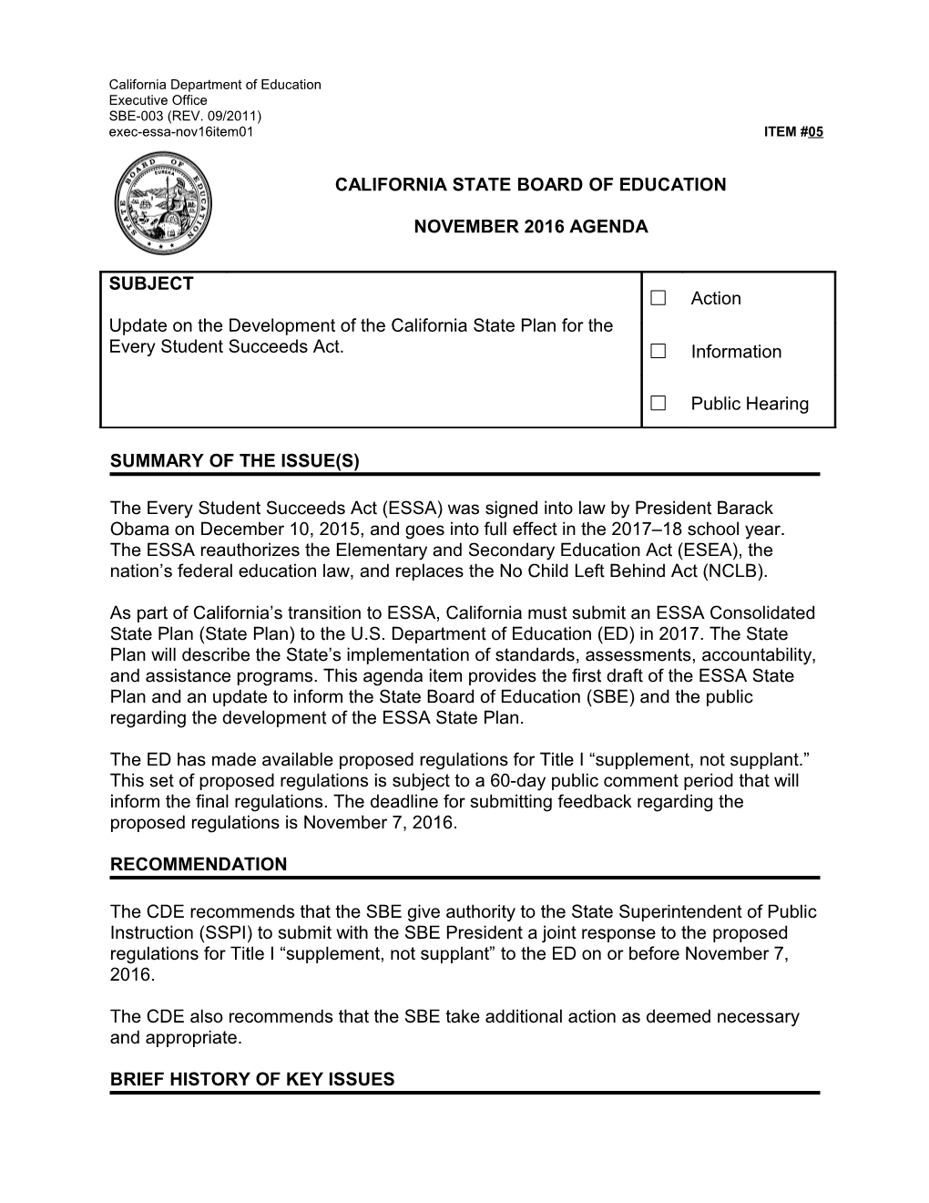 November 2016 Agenda Item 05 - Meeting Agendas (CA State Board of Education)