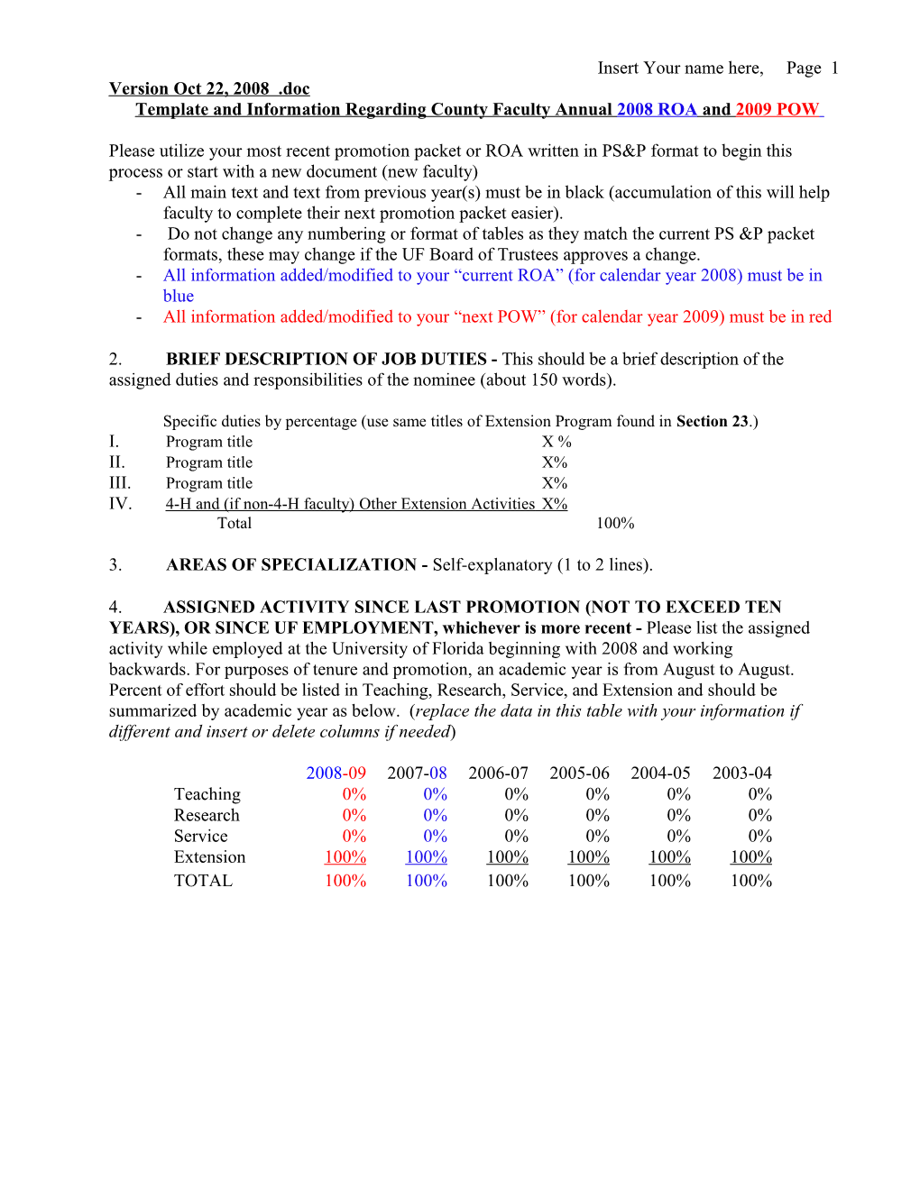 Template and Information Regarding County Facultyannual 2008 ROA and 2009 POW