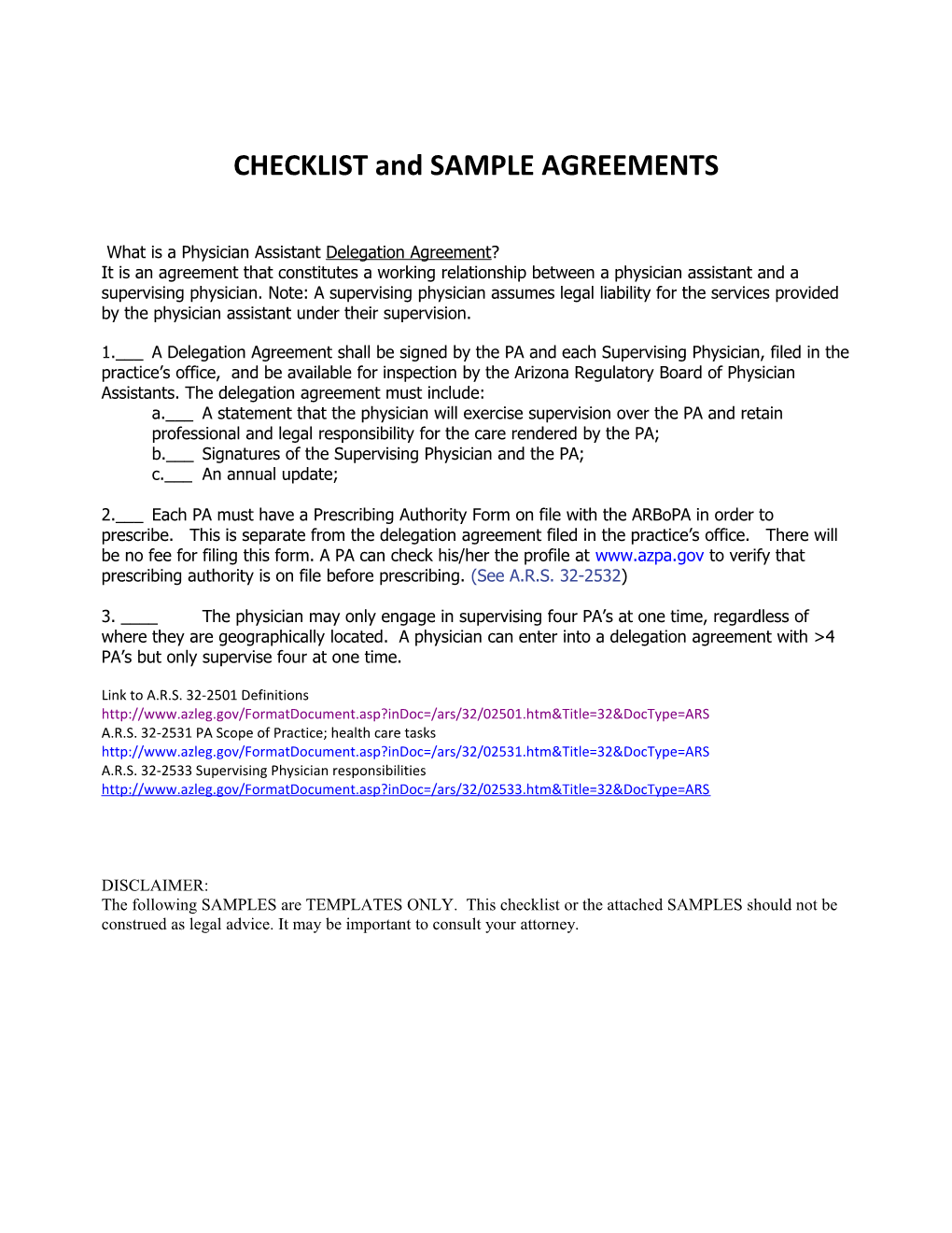CHECKLIST and SAMPLE AGREEMENTS