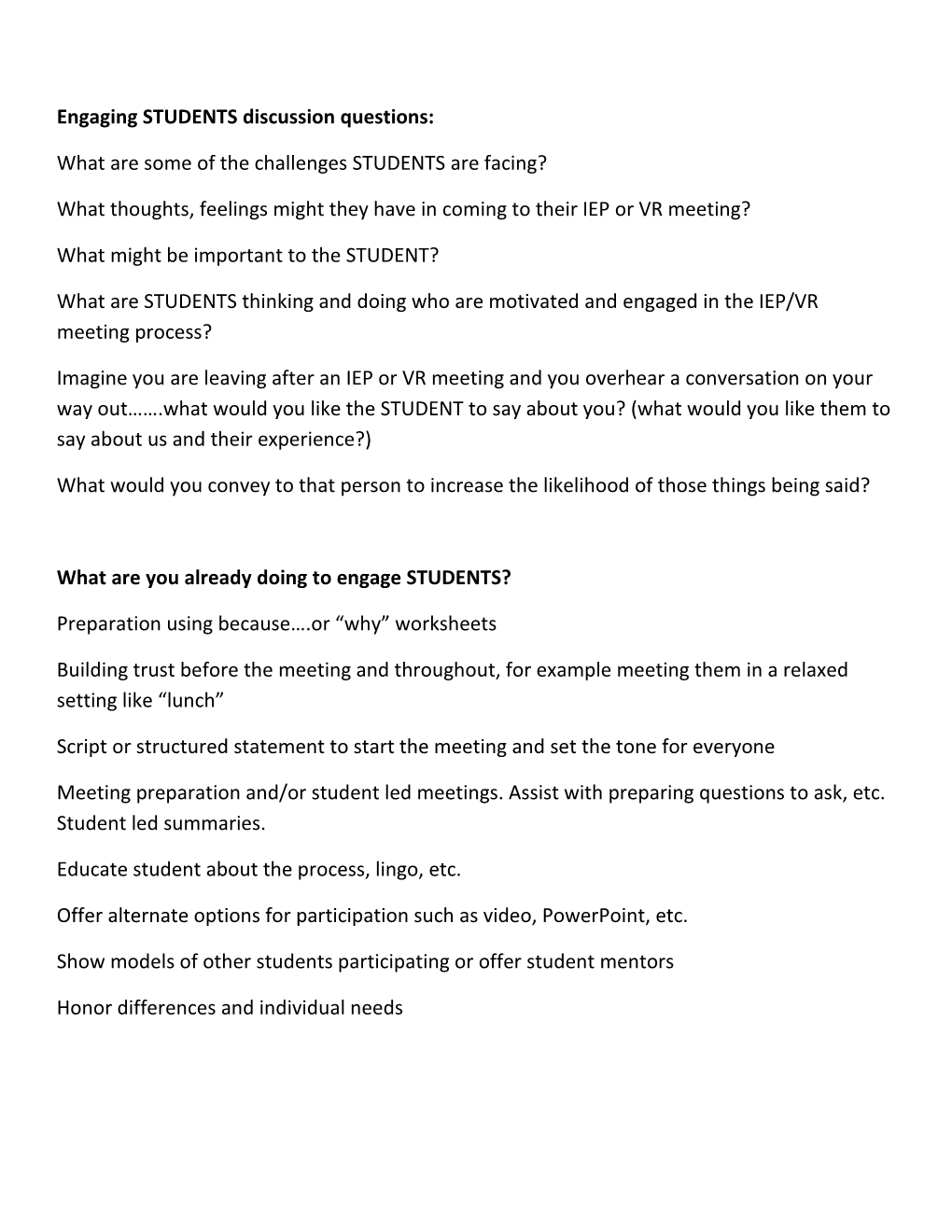 Engaging STUDENTS Discussion Questions