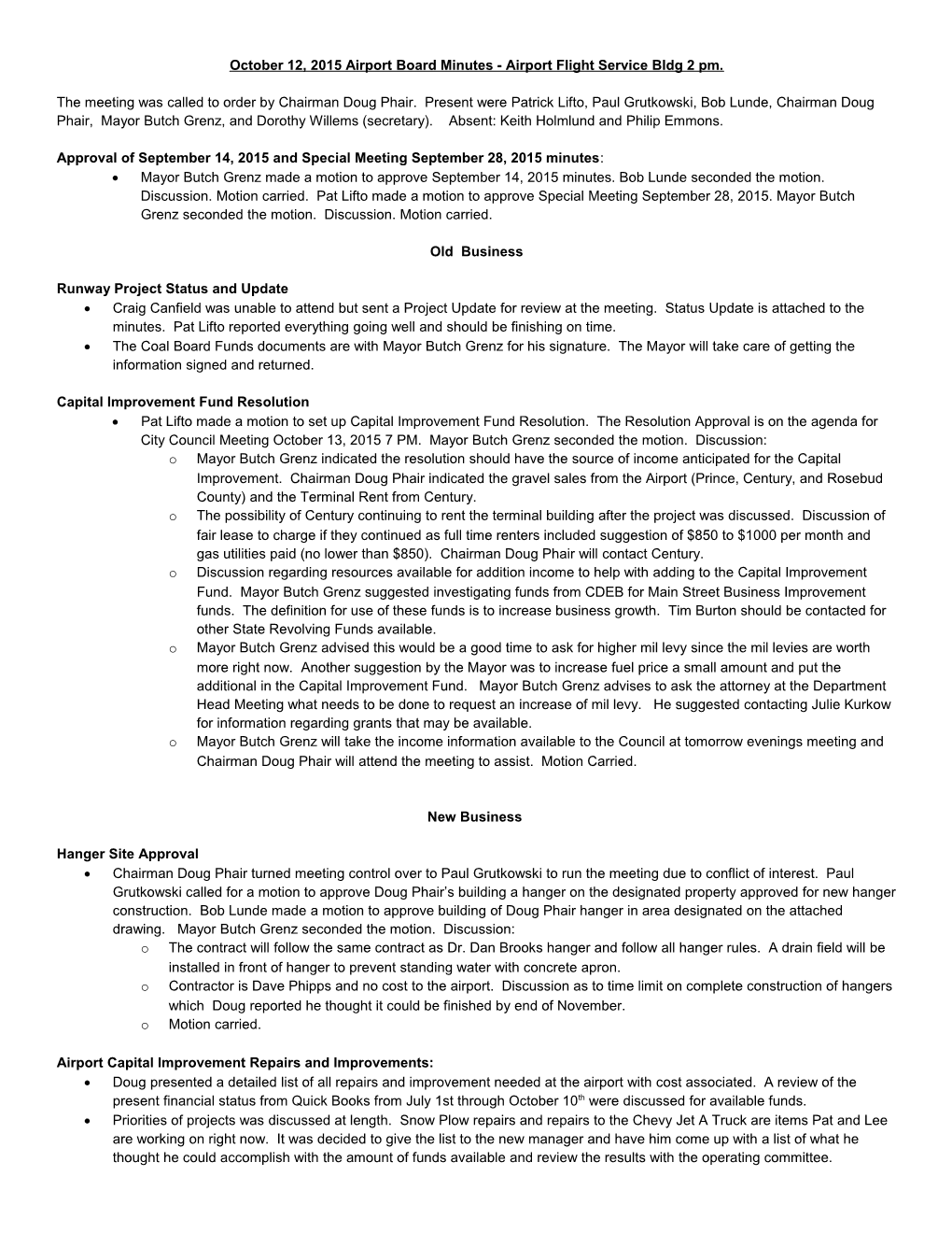 October 12, 2015 Airport Board Minutes- Airport Flight Service Bldg 2 Pm