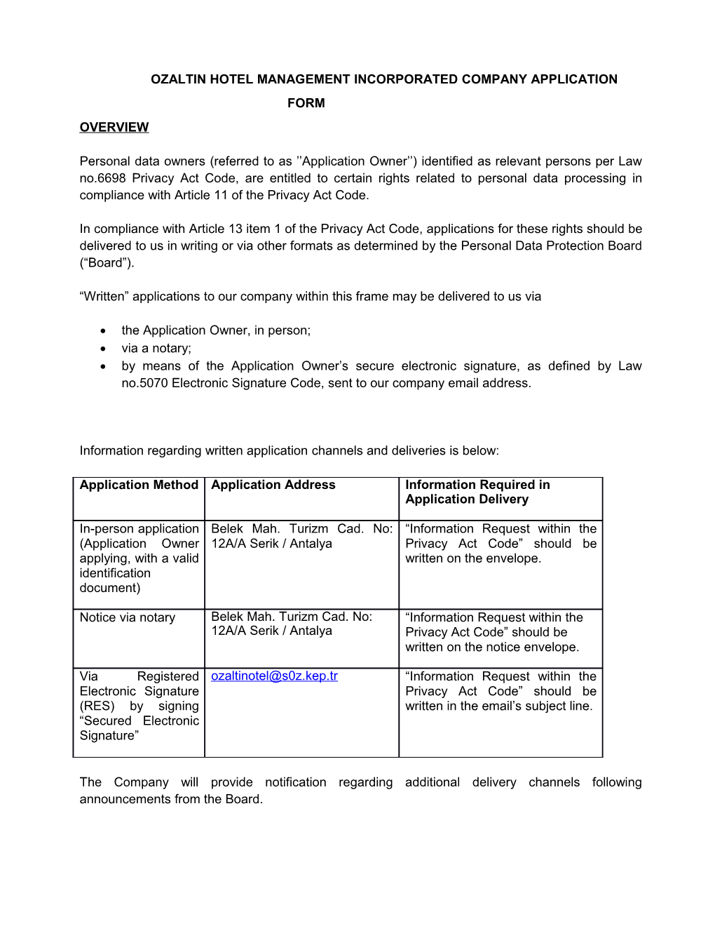 Ozaltin Hotel Management Incorporated Company Application Form