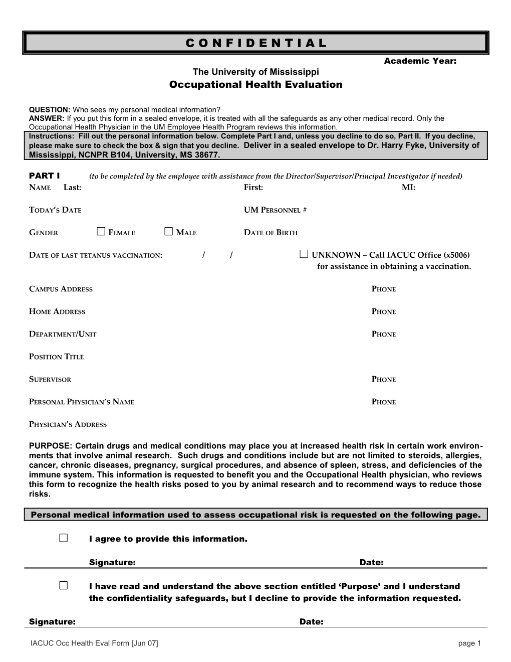 IACUC Occ Health Eval Form Jun 07 Page 1