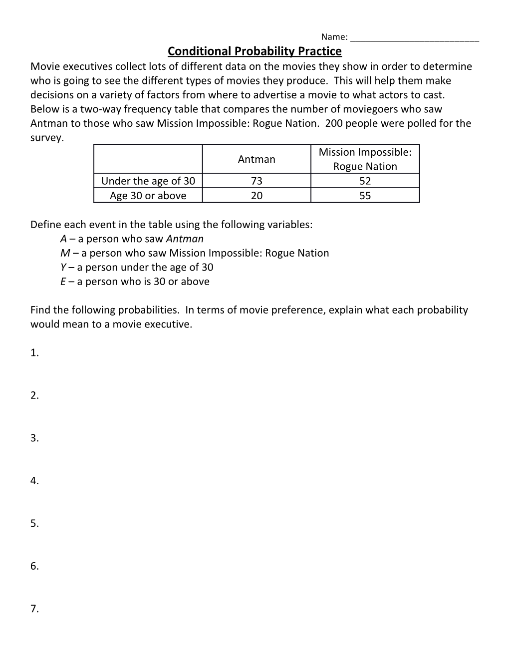 Define Each Event in the Table Using the Following Variables