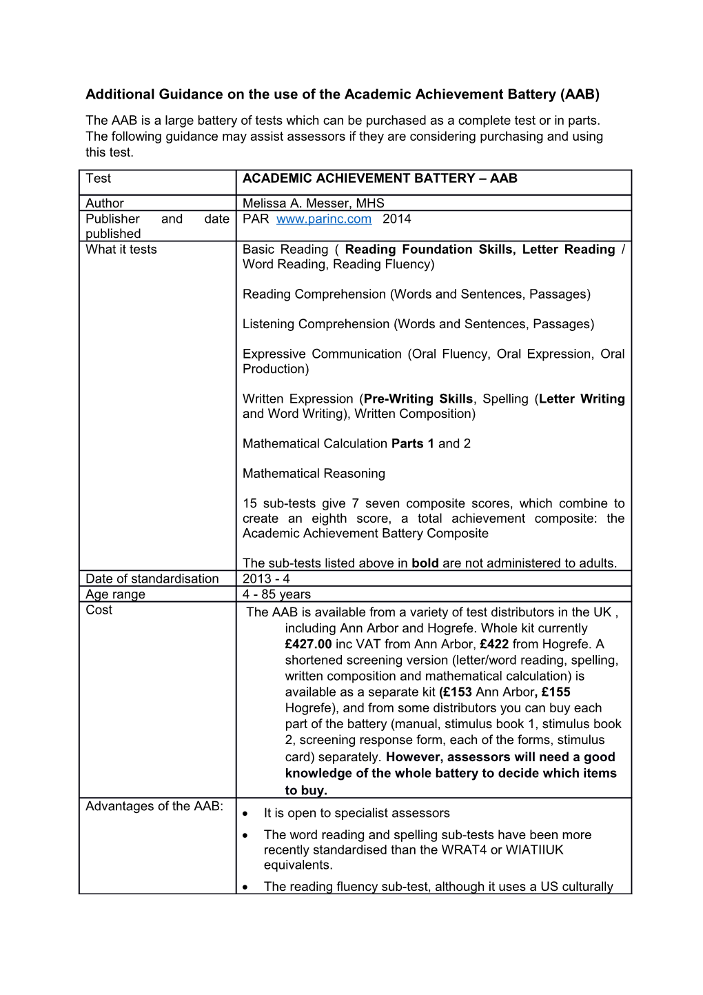 Additional Guidance on the Use of the Academic Achievement Battery (AAB)