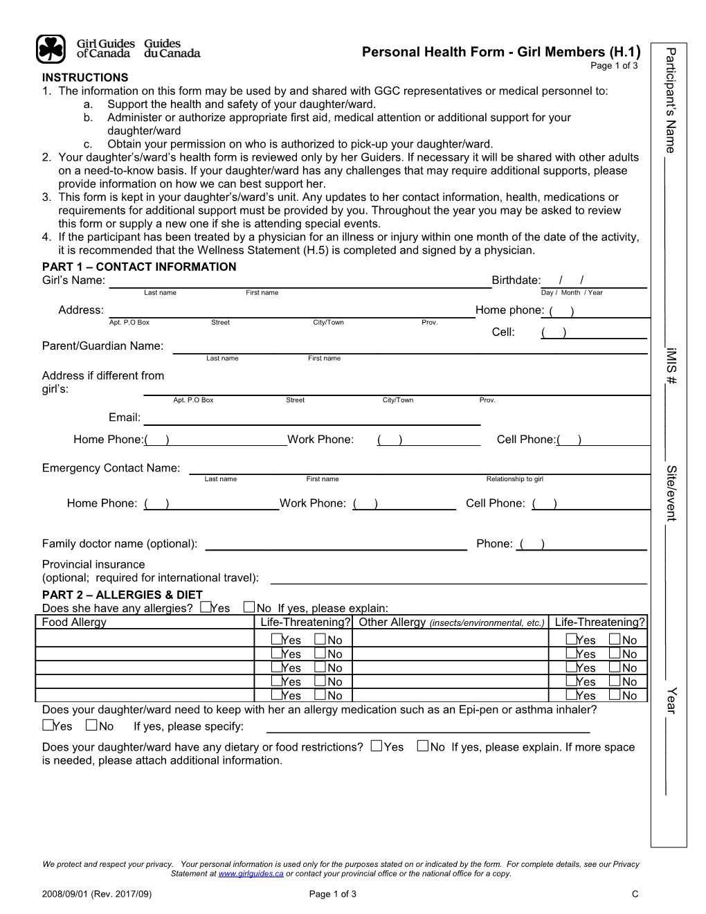 Personal Health Form - Girl Members (H.1)