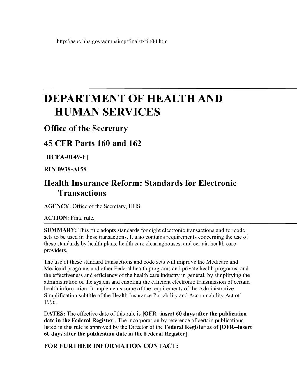 Final Rule: Standards for Electronic Transactions