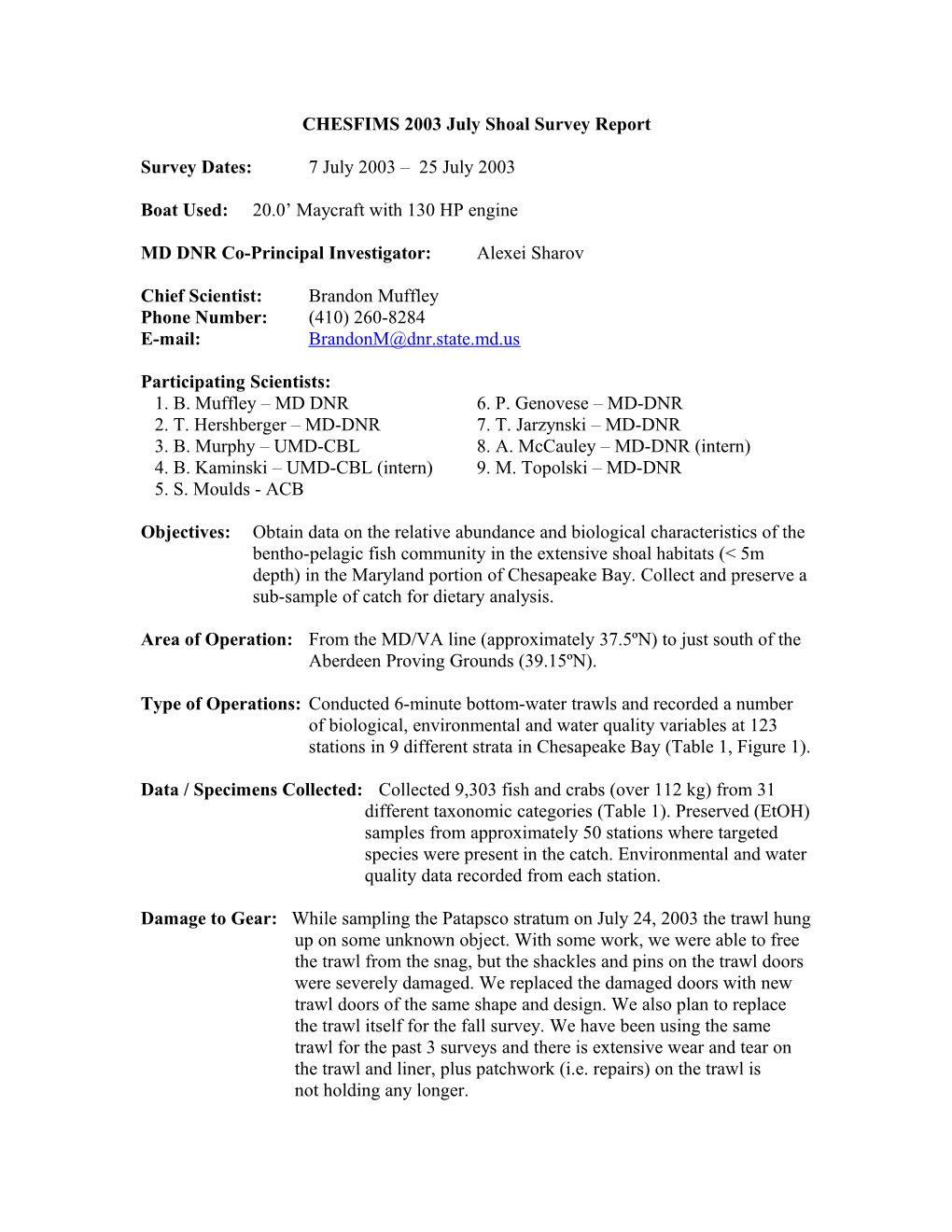 CHESFIMS 2003 July Shoal Survey Report