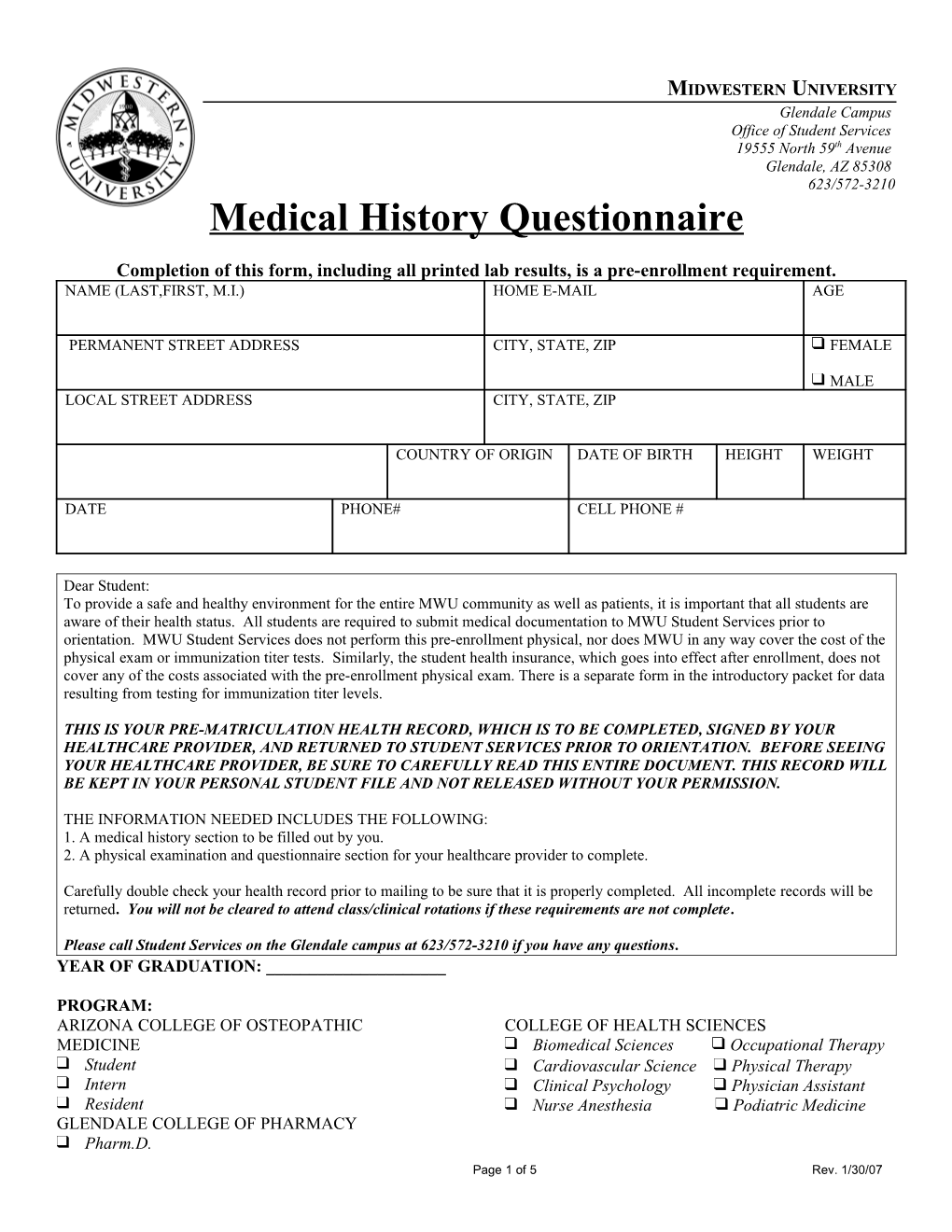 Completion of This Form, Including All Printed Lab Results, Is a Pre-Enrollment Requirement