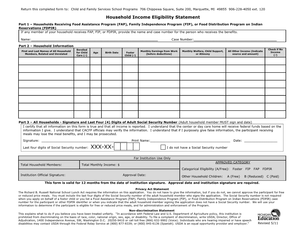 Fiscal Year 2008 Michigan CACFP Household Income Eligibility Statement