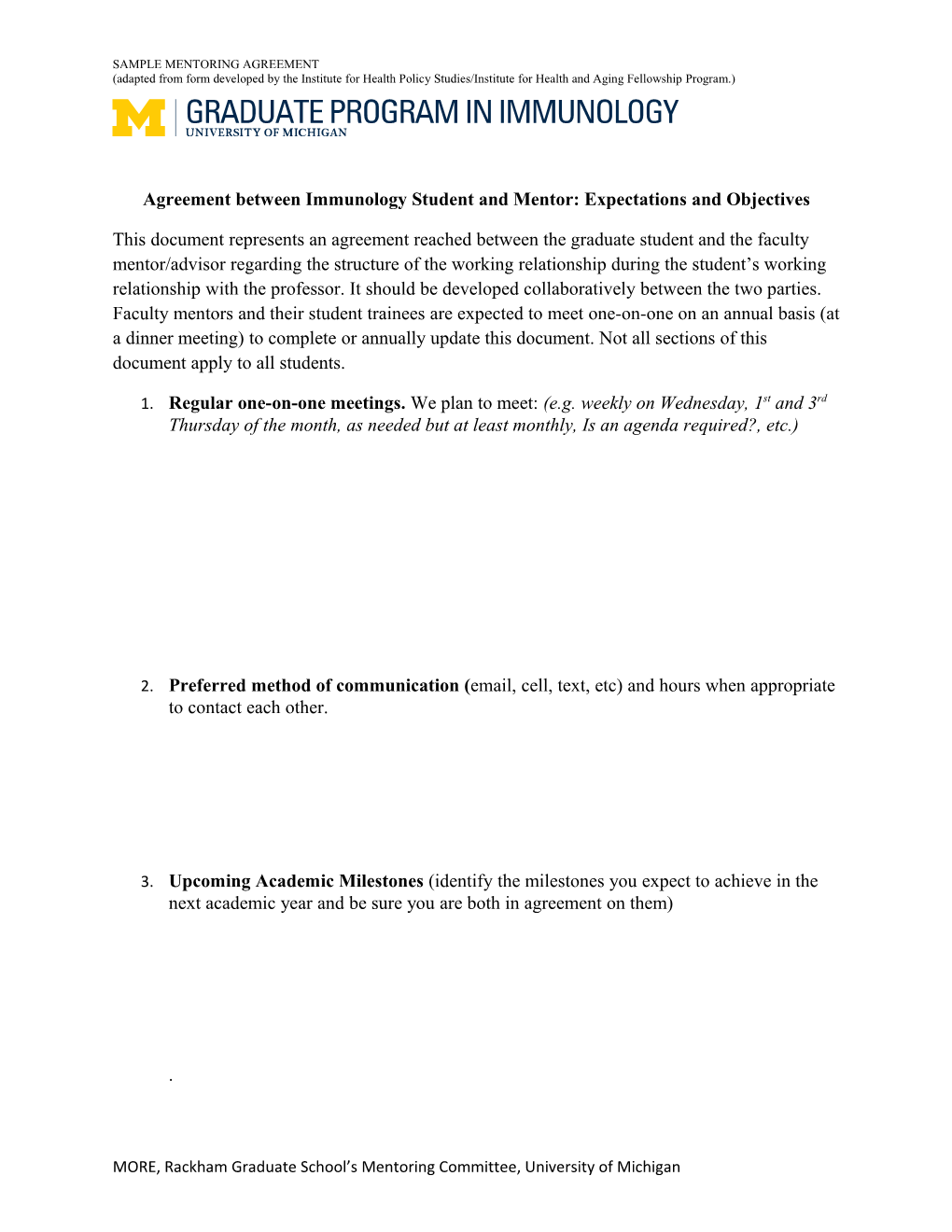 Agreement Between Immunologystudent and Mentor: Expectations and Objectives