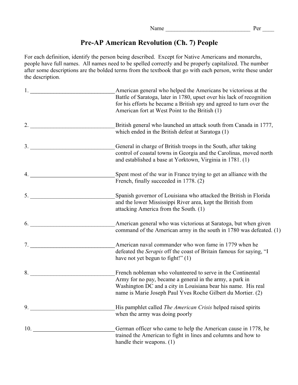 Pre-AP American Revolution (Ch. 7) People