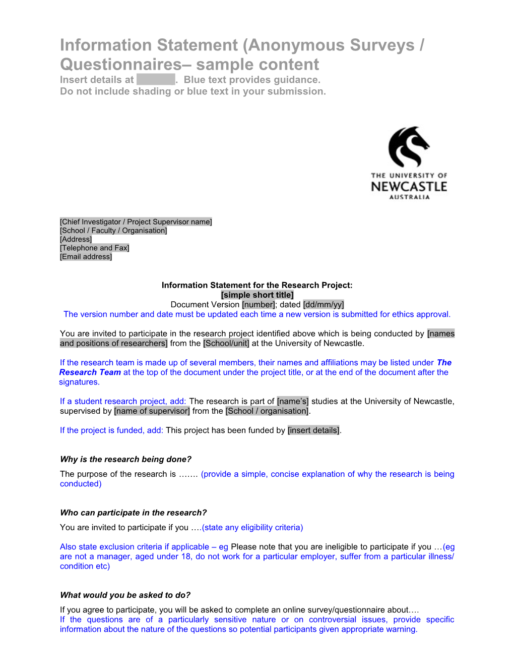 Information Statement (Anonymous Surveys / Questionnaires Sample Content