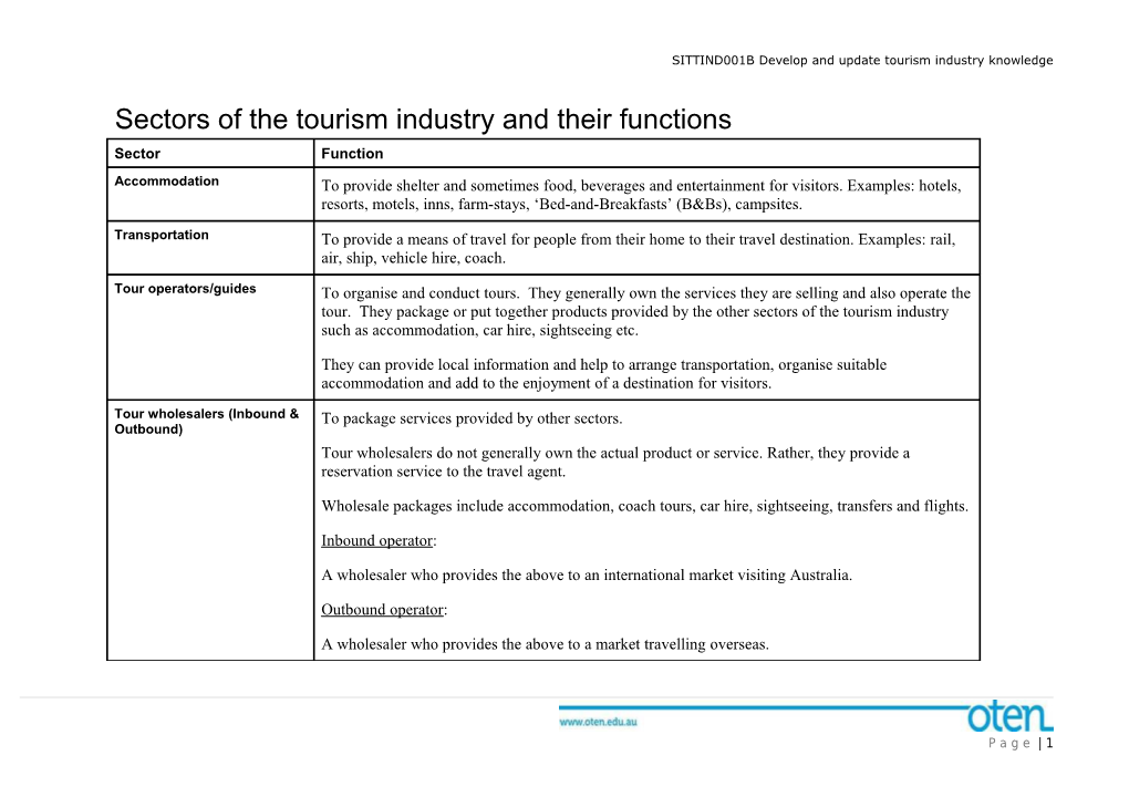 Sectors of the Tourism Industry and Their Functions