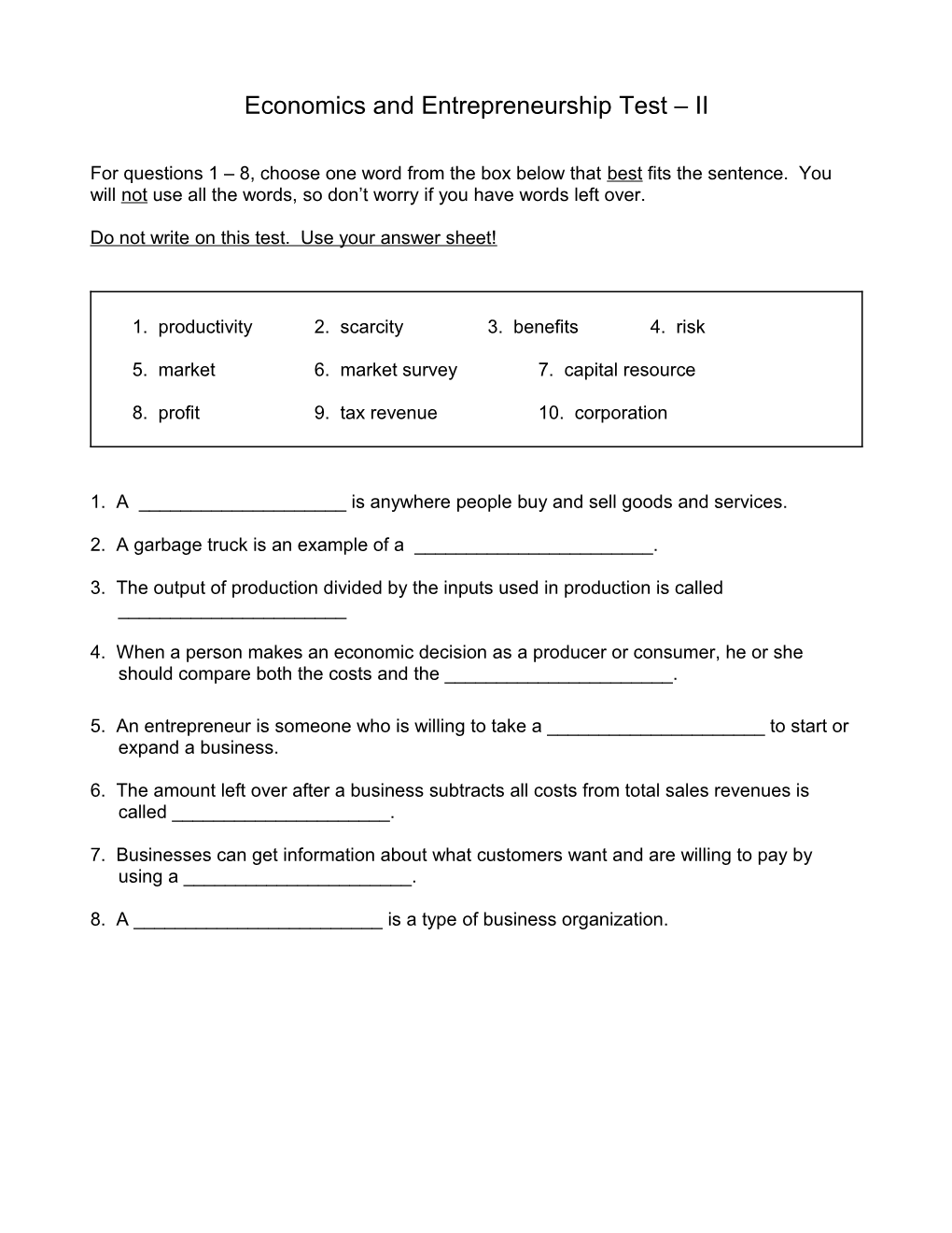 Economics and Entrepreneurship Test II