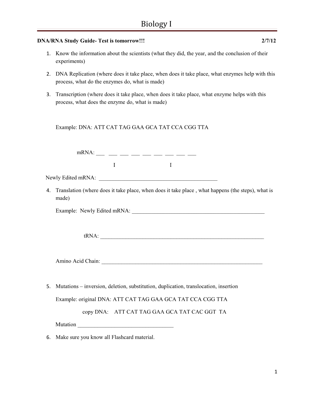 DNA/RNA Study Guide- Test Is Tomorrow 2/7/12