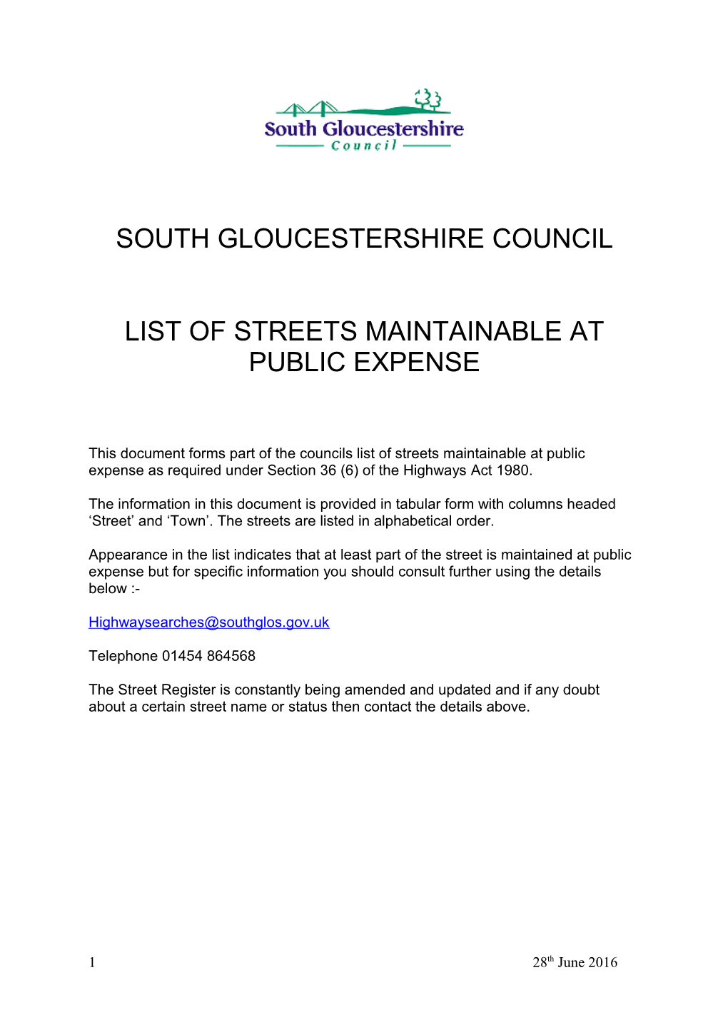 List of Streets Maintainable at Public Expense