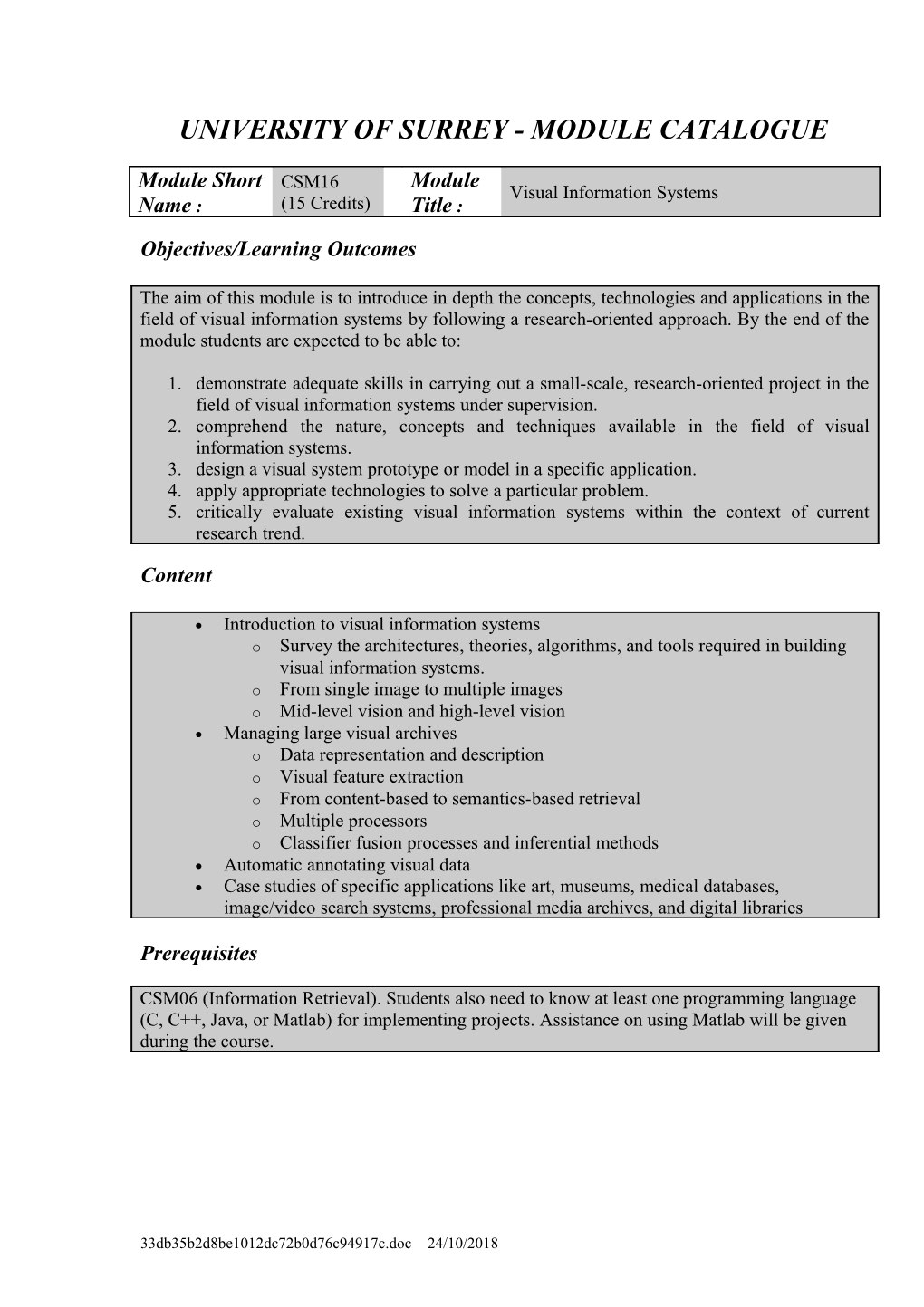 University of Surrey - Module Catalogue