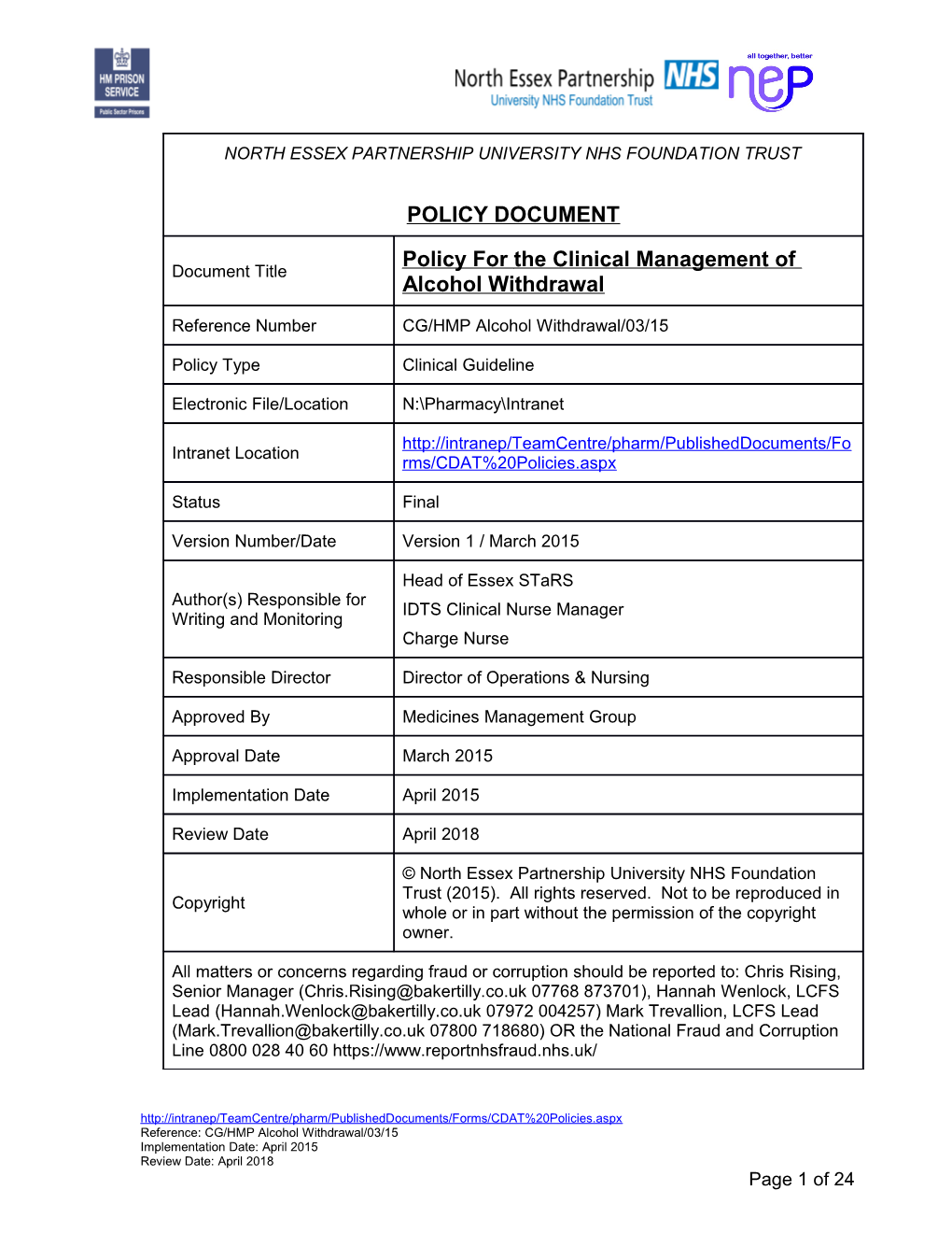 HMP Policy for the Management of Alcohol Withdrawal