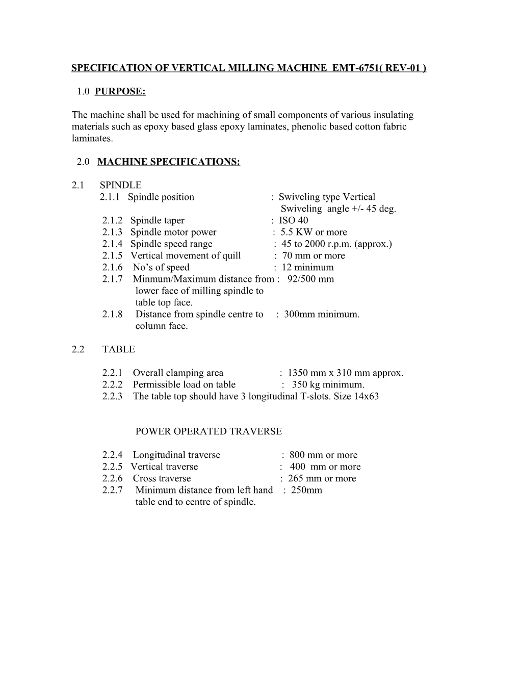 Specification of Vertical Milling Machine Emt-6751( Rev-01 )