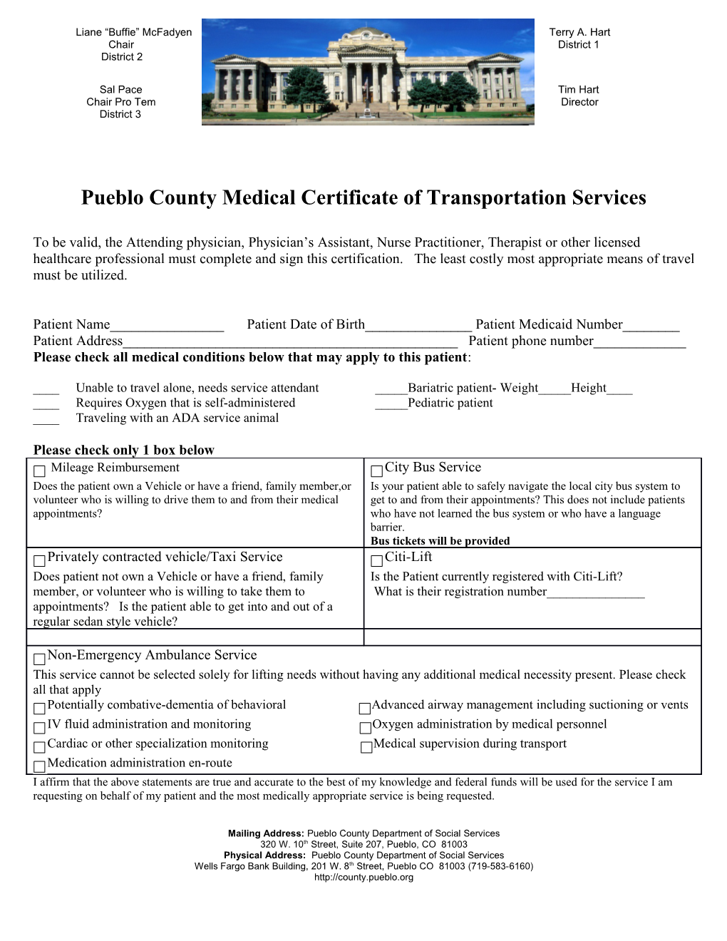 Pueblo County Medical Certificate of Transportation Services