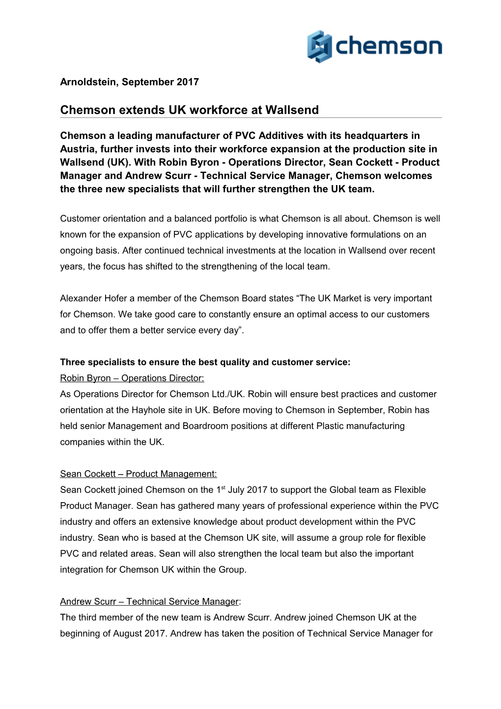 Chemson Extends UK Workforceat Wallsend