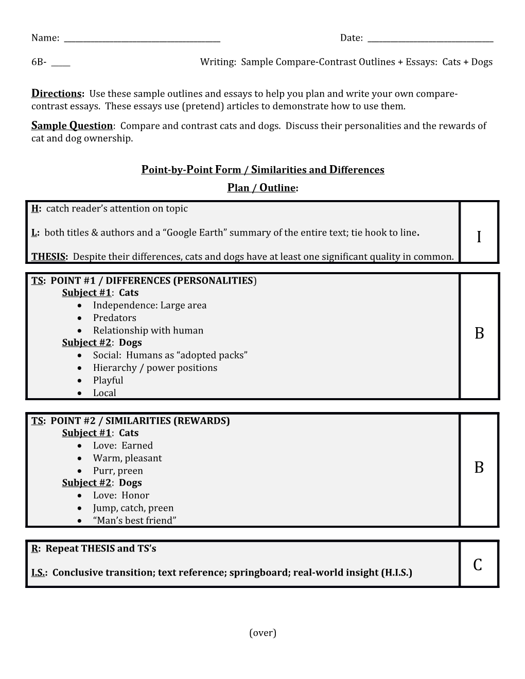 6B- _____ Writing: Sample Compare-Contrast Outlines + Essays: Cats + Dogs