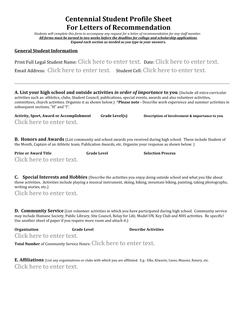Student Personal Information Summary