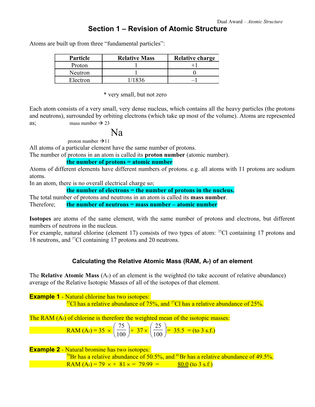 Section 1 Revision of Atomic Structure