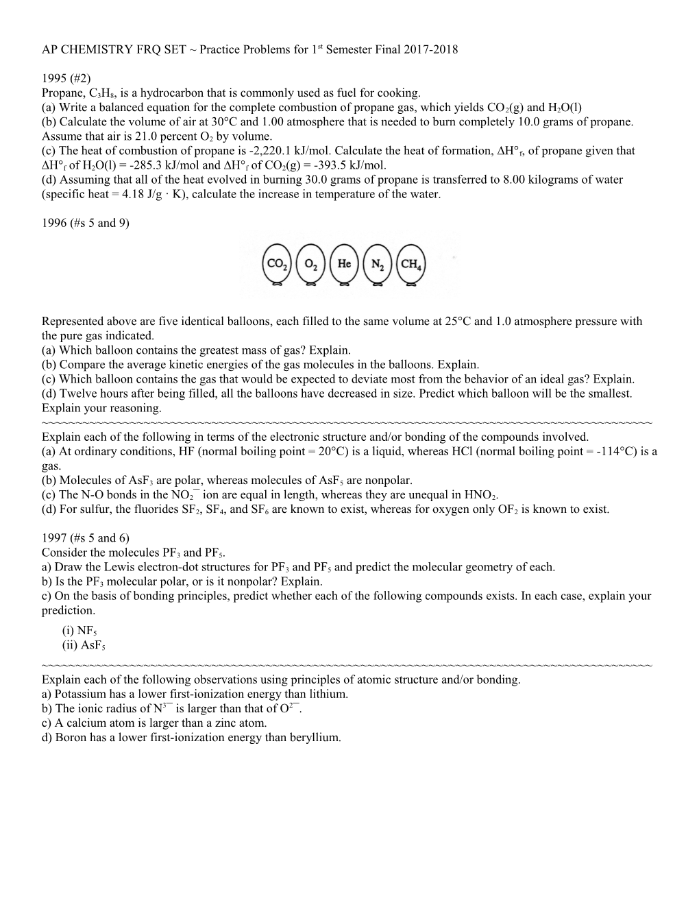 AP CHEMISTRY FRQ SET Practice Problems for 1St Semester Final 2017-2018