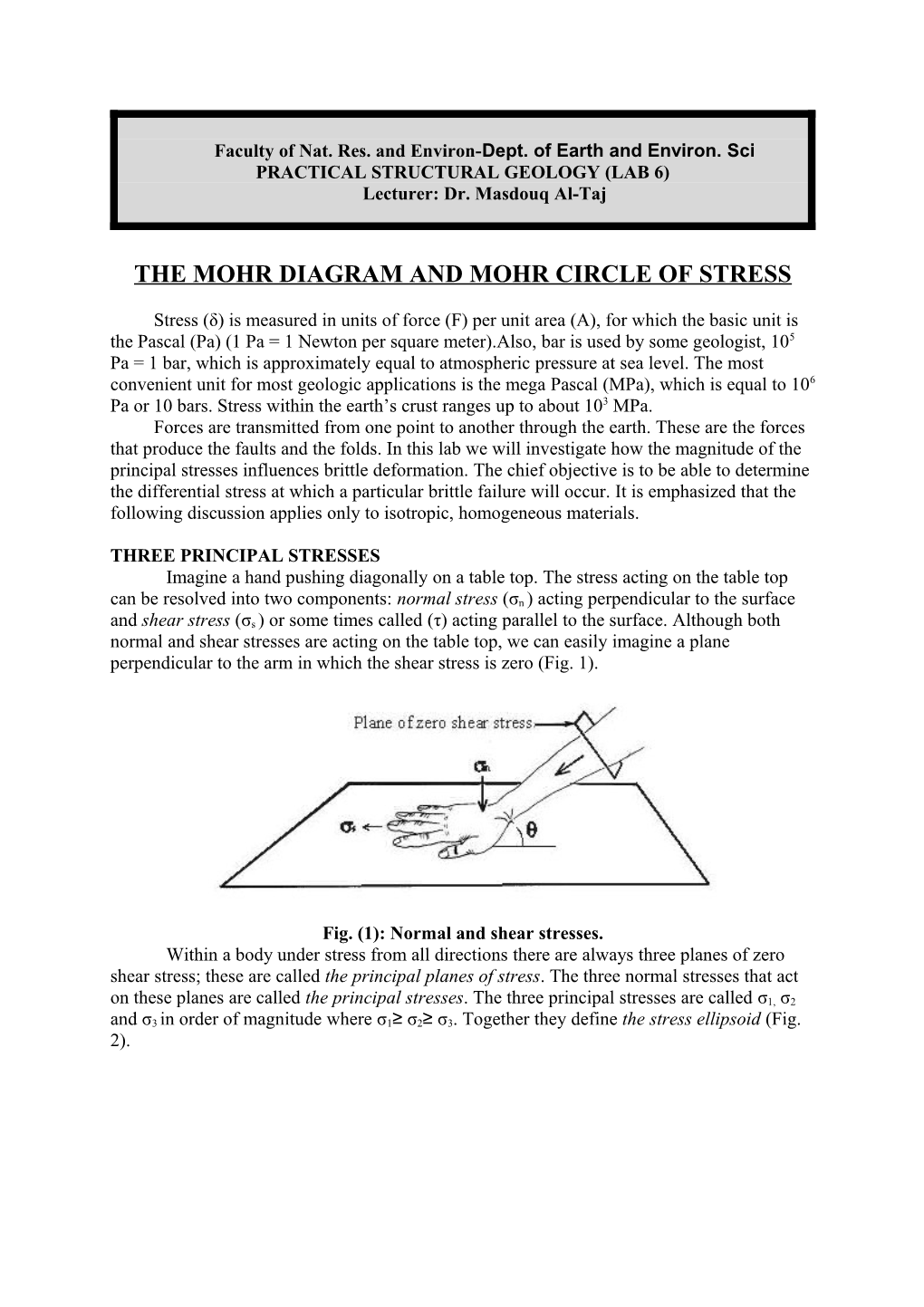 The Mohr Diagram and Mohr Circle of Stress