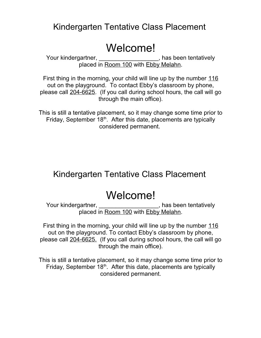 Kindergarten Tentative Class Placement