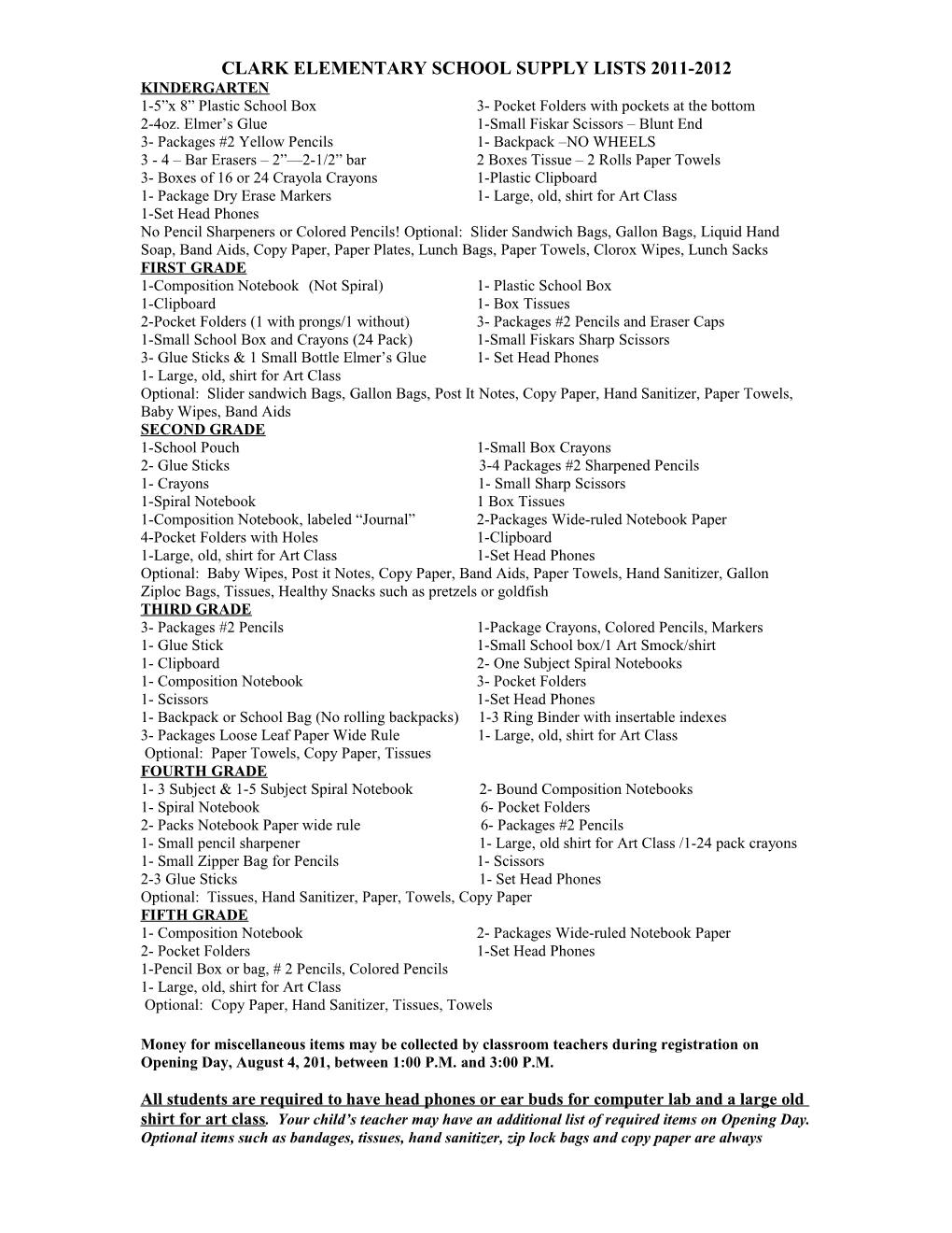 Clark Elementary School Supply Lists
